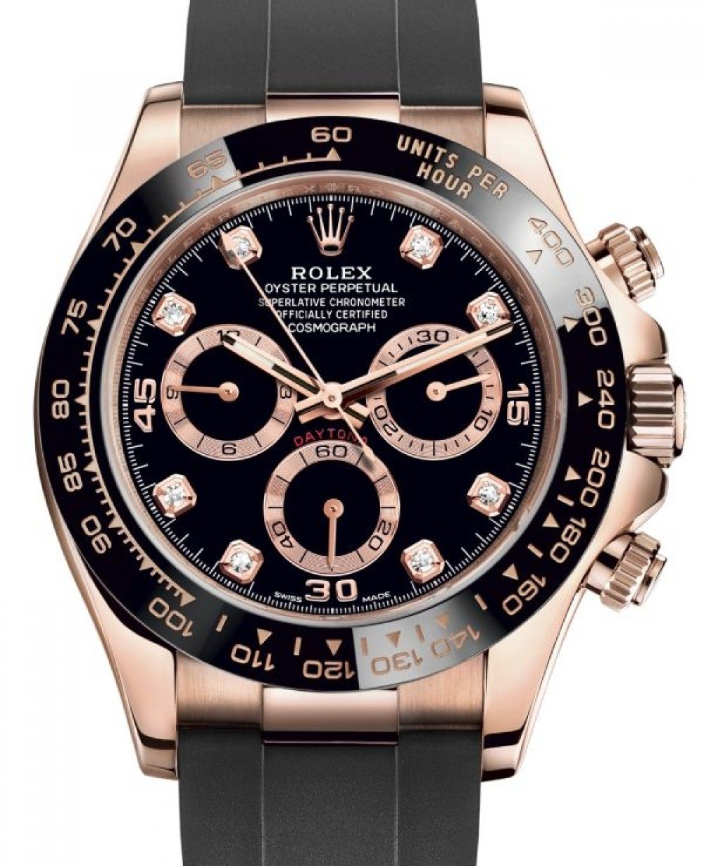 Rolex Cosmograph Daytona 40 Oyster Perpetual 18 ct Everose gold bright black, diamond-set dial Oysterflex band Reference 116518CBKSR 1 Rolex Cosmograph Daytona 40 Oyster Perpetual 18 ct Everose gold bright black, diamond-set dial Oysterflex band Reference 116518CBKSR