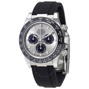 Rolex Cosmograph Daytona 40 Oyster Perpetual 18 ct white gold silver and bright black dial Oysterflex band Reference 116518CBKSR