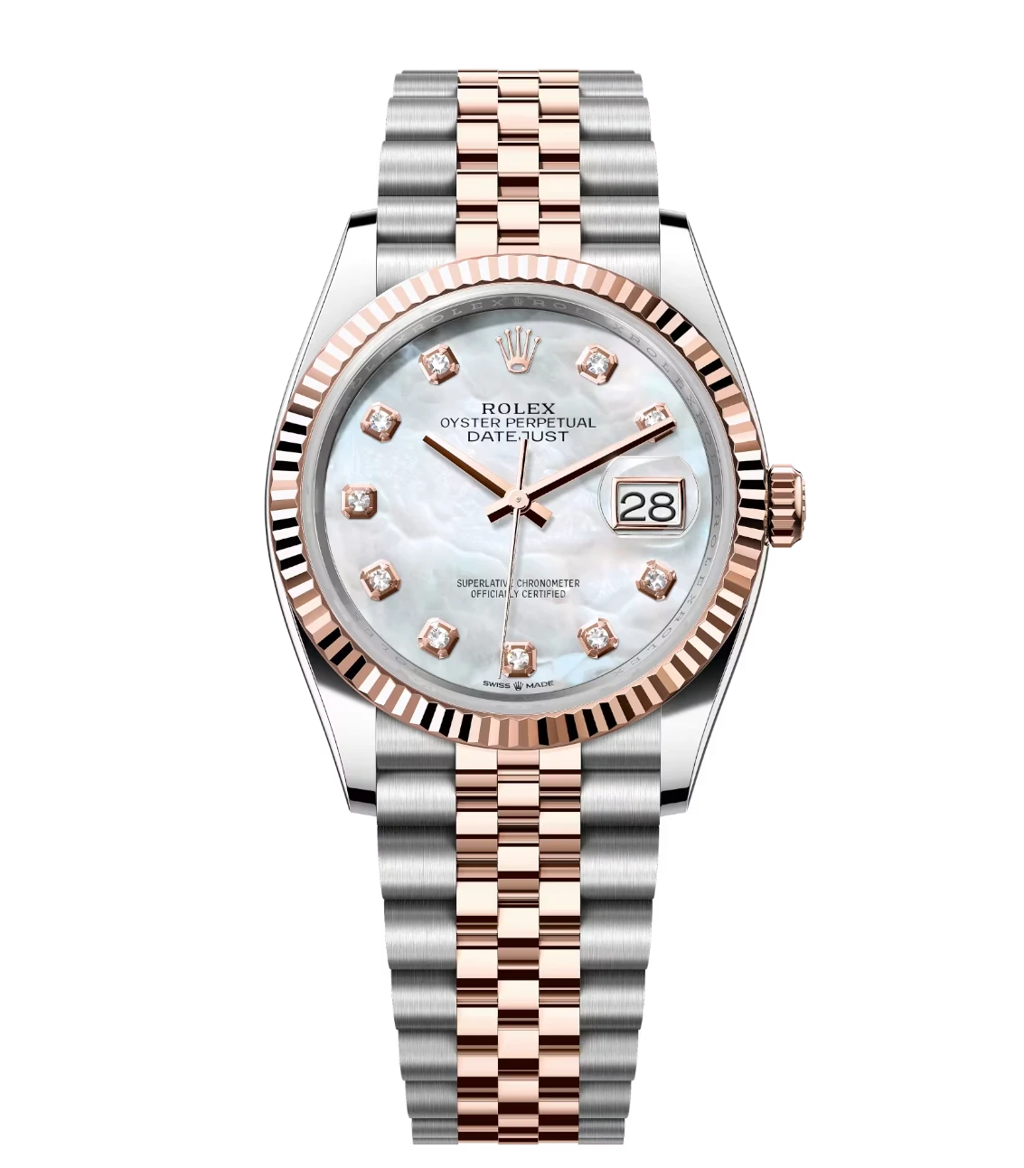 Rolex Datejust 36 Oyster Perpetual Oystersteel and Everose gold mother-of-pearl, diamond-set dial Jubilee band Reference 126231 1 Rolex Datejust 36 Oyster Perpetual Oystersteel and Everose gold mother-of-pearl, diamond-set dial Jubilee band Reference 126231