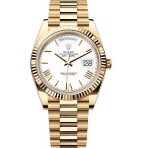 Rolex Day-Date 40 Oyster Perpetual 18 ct yellow gold white dial fluted bezel President band Reference 228238