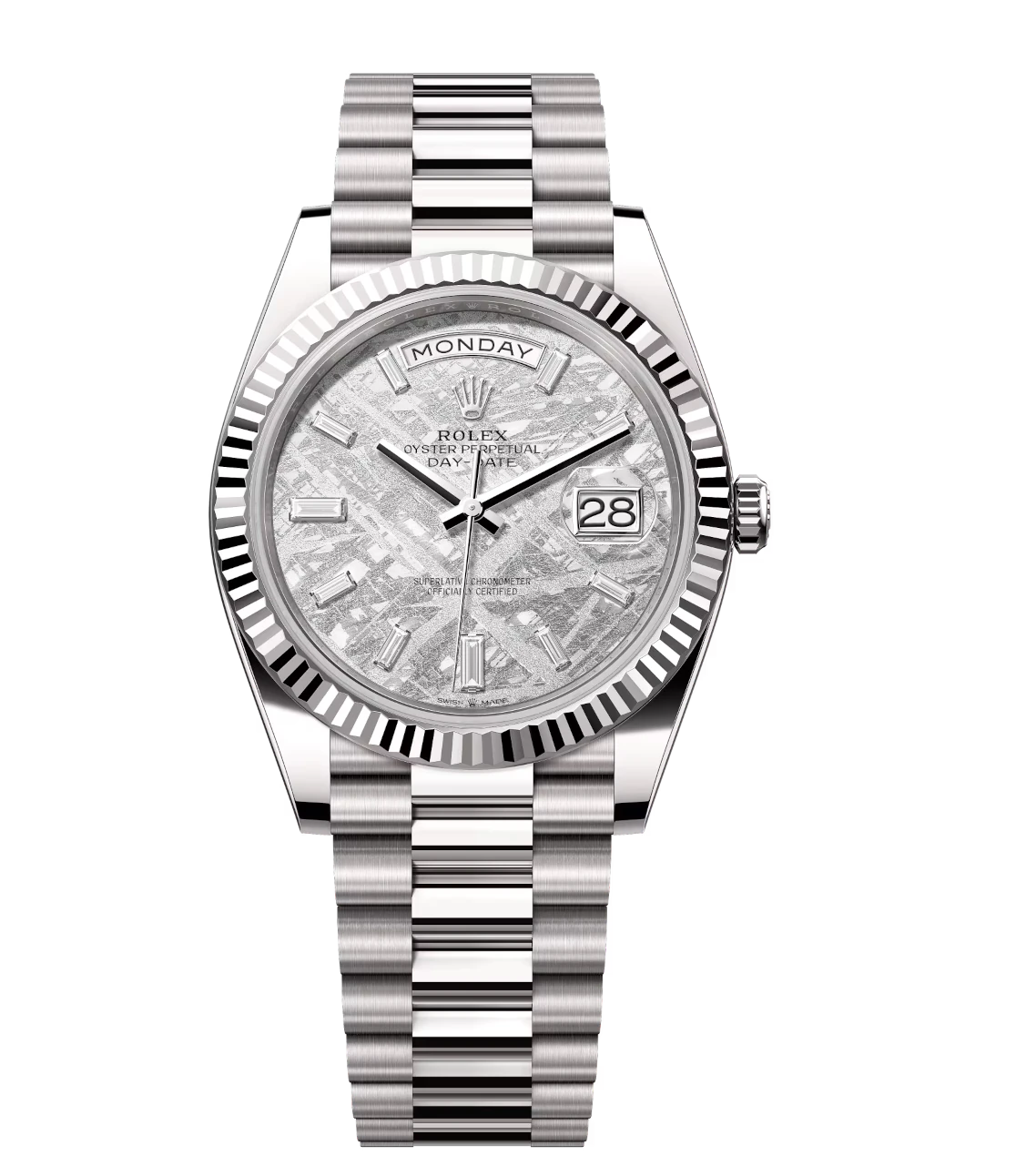 Rolex Day-Date 40 Oyster Perpetual 18 ct white gold meteorite, diamond-set dial fluted bezel President band Reference 228239 1 Rolex Day-Date 40 Oyster Perpetual 18 ct white gold meteorite, diamond-set dial fluted bezel President band Reference 228239