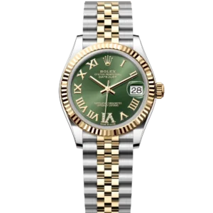 This Oyster Perpetual Datejust 31 in Oystersteel and yellow gold features an olive-green, diamond-set dial and a Jubilee band.