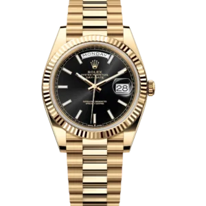 Rolex Day-Date 40 Oyster Perpetual 18 ct yellow gold bright black dial fluted bezel President band Reference 228238