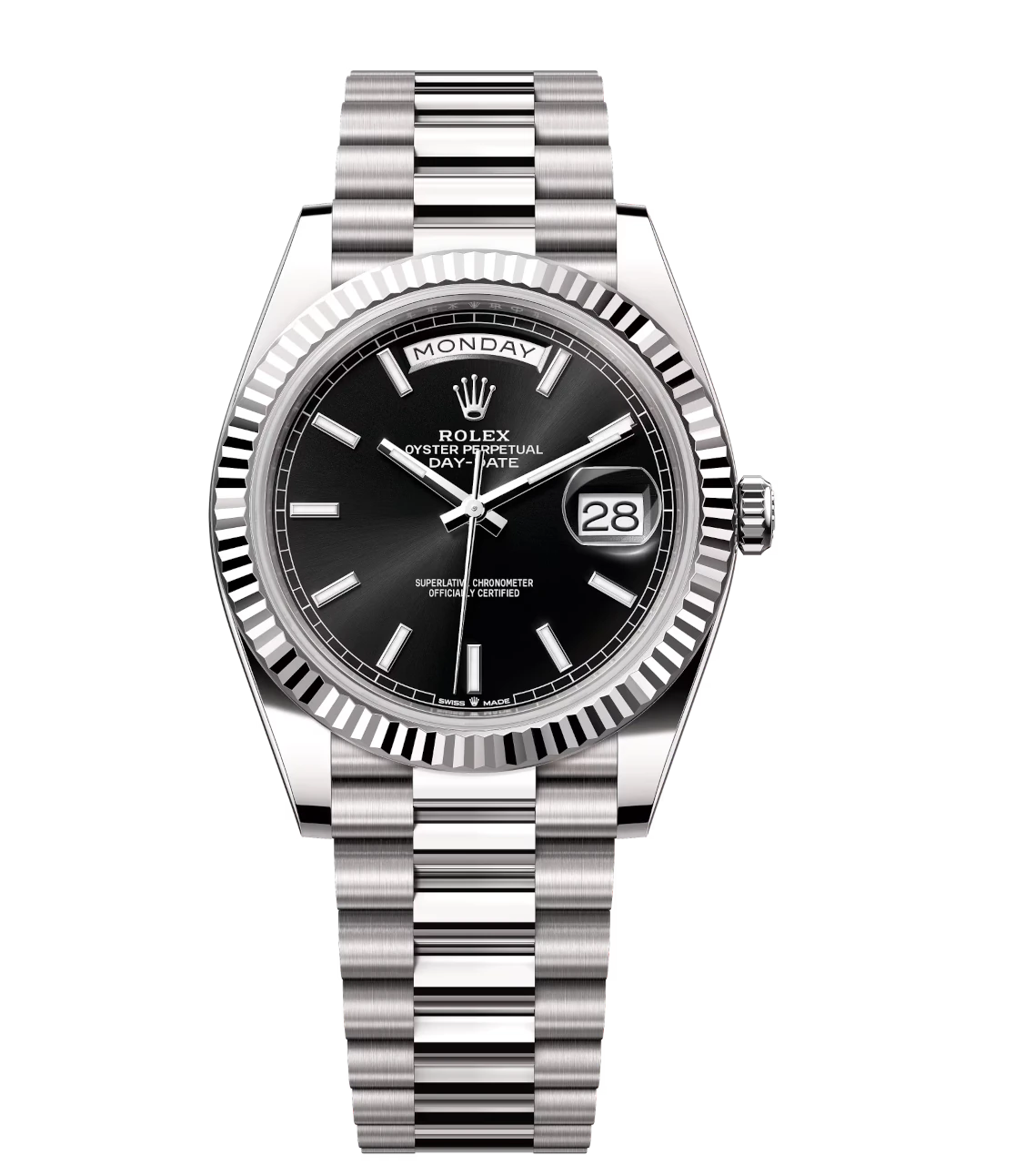 Rolex Day-Date 40 Oyster Perpetual 18 ct white gold bright black dial fluted bezel President band Reference 228239 1 Rolex Day-Date 40 Oyster Perpetual 18 ct white gold bright black dial fluted bezel President band Reference 228239