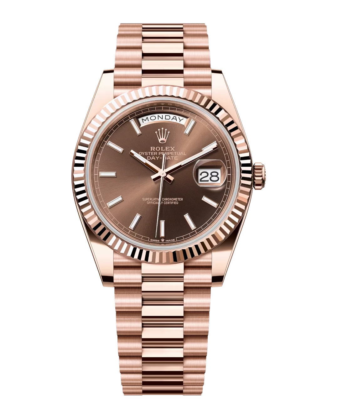 Rolex Day-Date 40 Oyster Perpetual 18 ct Everose gold chocolate dial fluted bezel President band Reference 228235 1 Rolex Day-Date 40 Oyster Perpetual 18 ct Everose gold chocolate dial fluted bezel President band Reference 228235