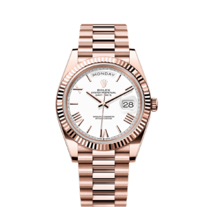 Rolex Day-Date 40 | REF. 128235 | Everose gold white dial, fluted bezel and a President bracelet