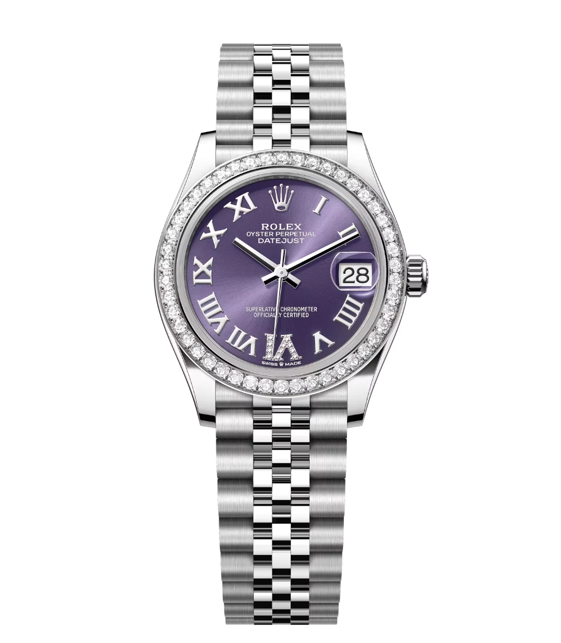 Rolex Datejust 31 Oyster Perpetual Oystersteel and white aubergine, diamond-set dial dial Jubilee band Reference 278384RBR 1 Rolex Datejust 31 Oyster Perpetual Oystersteel and white aubergine, diamond-set dial dial Jubilee band Reference 278384RBR