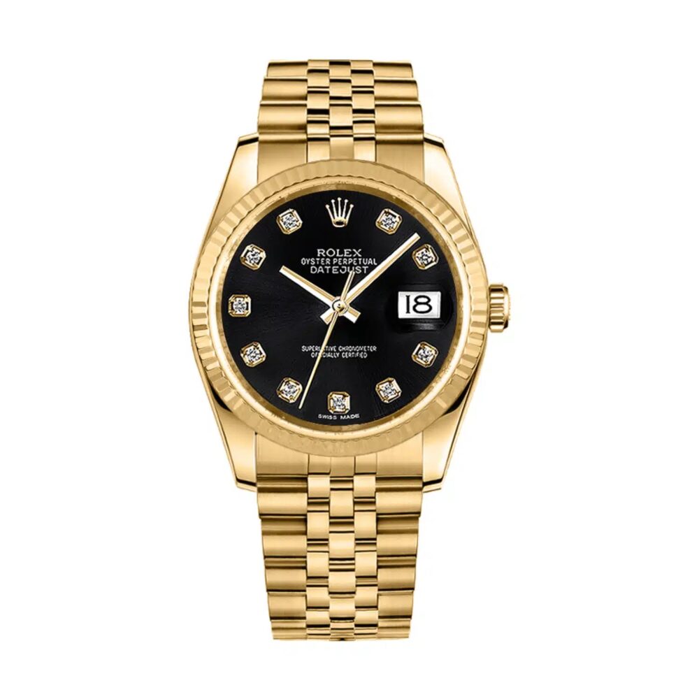 Rolex Datejust 36 Oyster Perpetual Oystersteel and yellow gold bright black, diamond-set dial Jubilee band Reference 116208 1 Rolex Datejust 36 Oyster Perpetual Oystersteel and yellow gold bright black, diamond-set dial Jubilee band Reference 116208