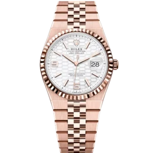 Rolex Land-Dweller 36 Oyster Perpetual 18 ct Everose gold intense white, honeycomb-motif dial Flat Jubilee band Reference 127235