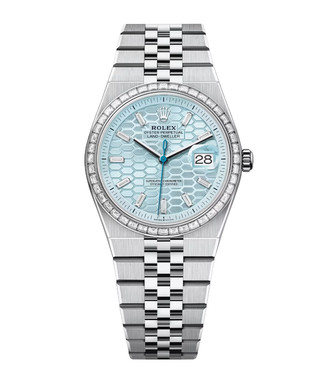 Rolex Land-Dweller 36 Oyster Perpetual platinum ice-blue honeycomb-motif diamond-set dial Flat Jubilee band Reference 127286TBR 1 Rolex Land-Dweller 36 Oyster Perpetual platinum ice-blue honeycomb-motif diamond-set dial Flat Jubilee band Reference 127286TBR