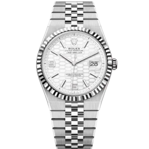 Rolex Land-Dweller 40 Oyster Perpetual Oystersteel and white gold intense white, honeycomb-motif dial Flat Jubilee band Reference 127334