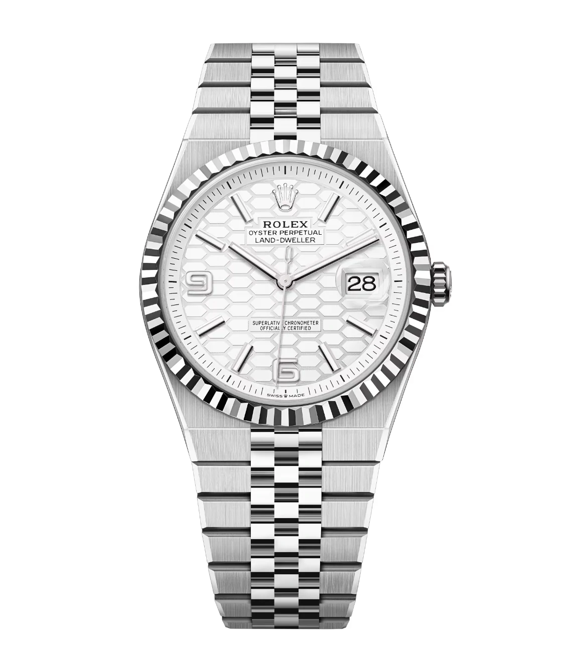 Rolex Land-Dweller 40 Oyster Perpetual Oystersteel and white gold intense white, honeycomb-motif dial Flat Jubilee band Reference 127334 1 Rolex Land-Dweller 40 Oyster Perpetual Oystersteel and white gold intense white, honeycomb-motif dial Flat Jubilee band Reference 127334