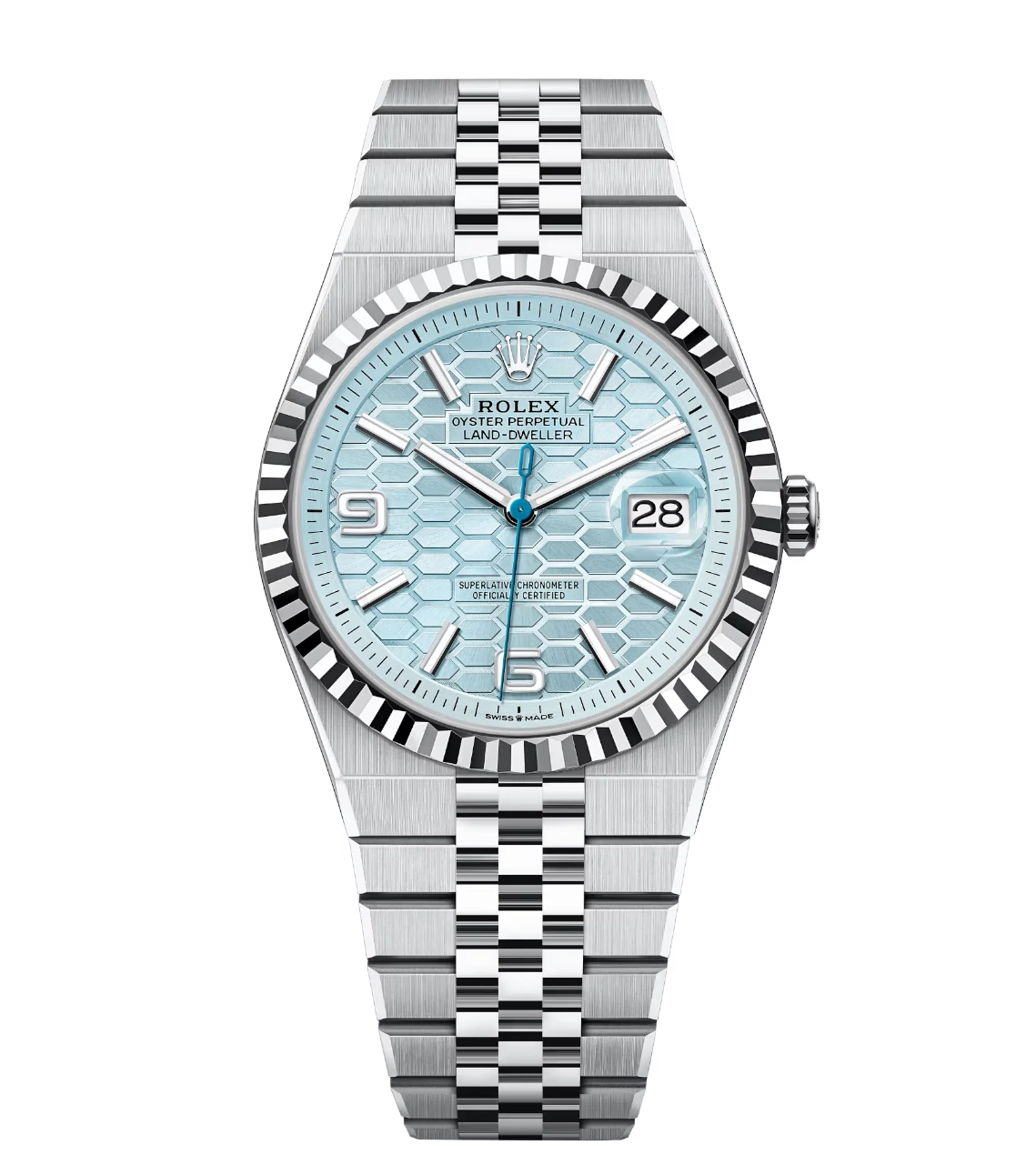 Rolex Land-Dweller 40 Oyster Perpetual platinum ice-blue honeycomb-motif dial Flat Jubilee band Reference 127336 1 Rolex Land-Dweller 40 Oyster Perpetual platinum ice-blue honeycomb-motif dial Flat Jubilee band Reference 127336