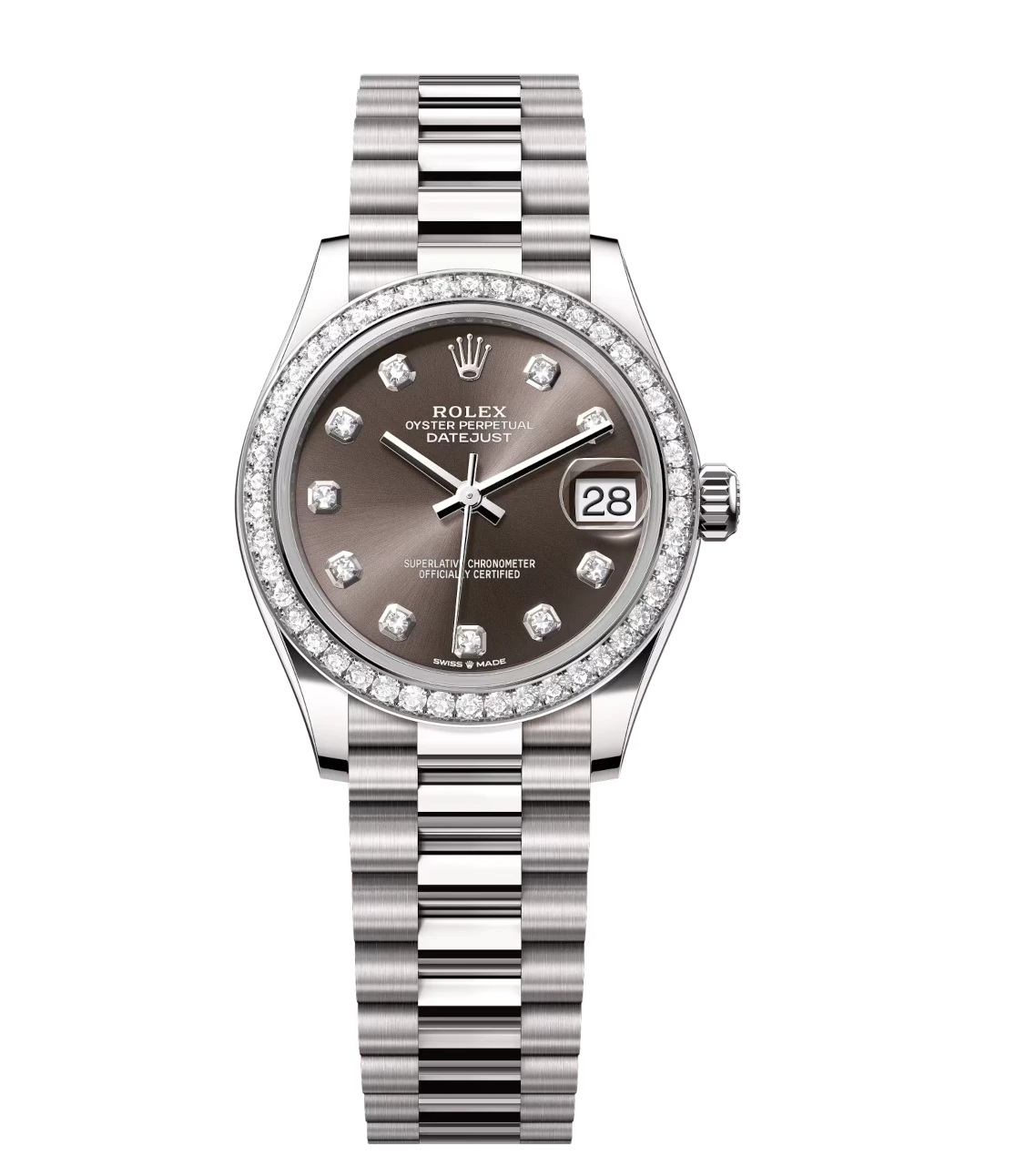 Rolex Lady-Datejust 28 Oyster Perpetual 18 ct white gold dark grey, diamond-set dial President band Reference 279139RBR 1 Rolex Lady-Datejust 28 Oyster Perpetual 18 ct white gold dark grey, diamond-set dial President band Reference 279139RBR