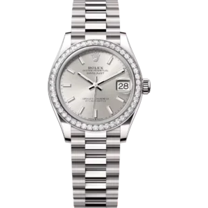 Rolex Lady-Datejust 28 Oyster Perpetual 18 ct white gold silver dial President band Reference 279139RBR