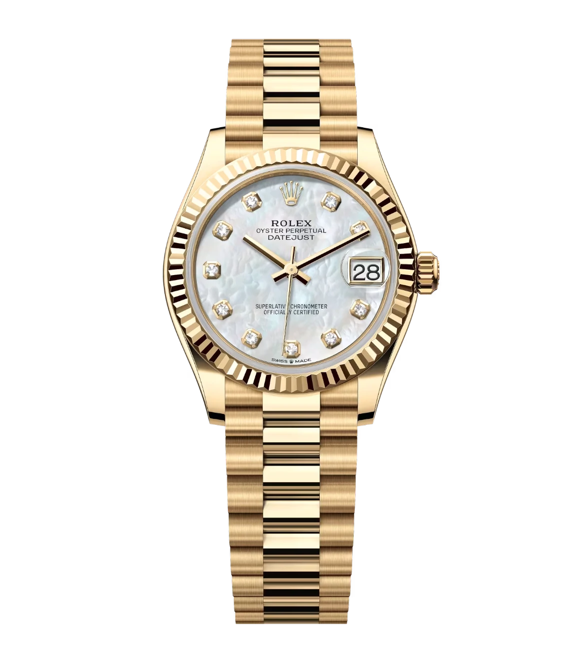 Rolex Lady-Datejust 28 Oyster Perpetual 18 ct yellow gold white mother-of-pearl, diamond-set dial President band Reference 279178 1 This Oyster Perpetual Datejust 31 in 18 ct yellow gold features a white mother-of-pearl, diamond-set dial and a President bracelet.