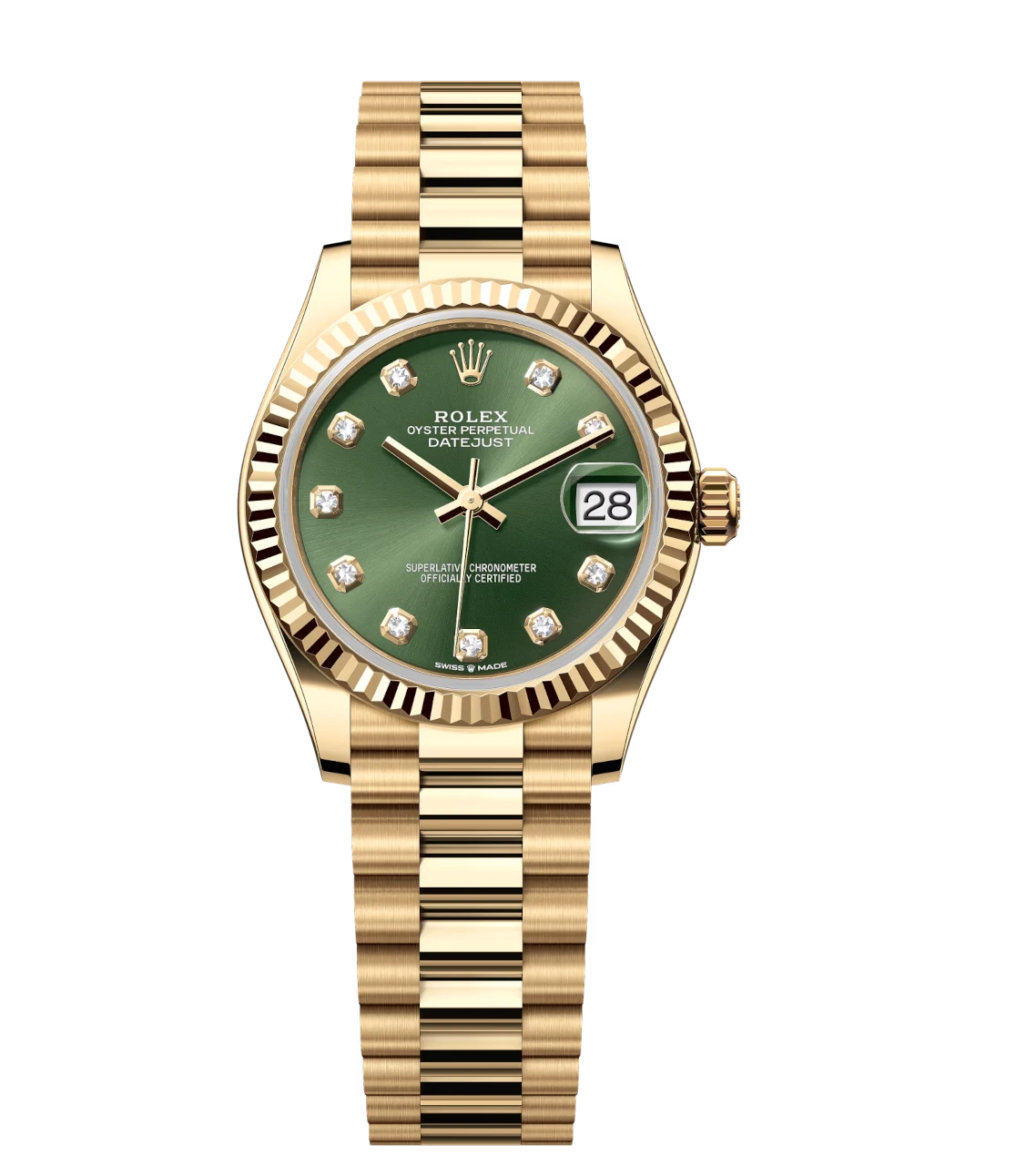Rolex Datejust 31 Oyster Perpetual 18 ct yellow gold olive-green, diamond-set dial President band Reference 278278 1 Rolex Datejust 31 Oyster Perpetual 18 ct yellow gold olive-green, diamond-set dial President band Reference 278278