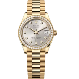 Rolex Lady-Datejust 28 Oyster Perpetual 18 ct yellow gold silver, diamond-set dial President band Reference 279138RBR