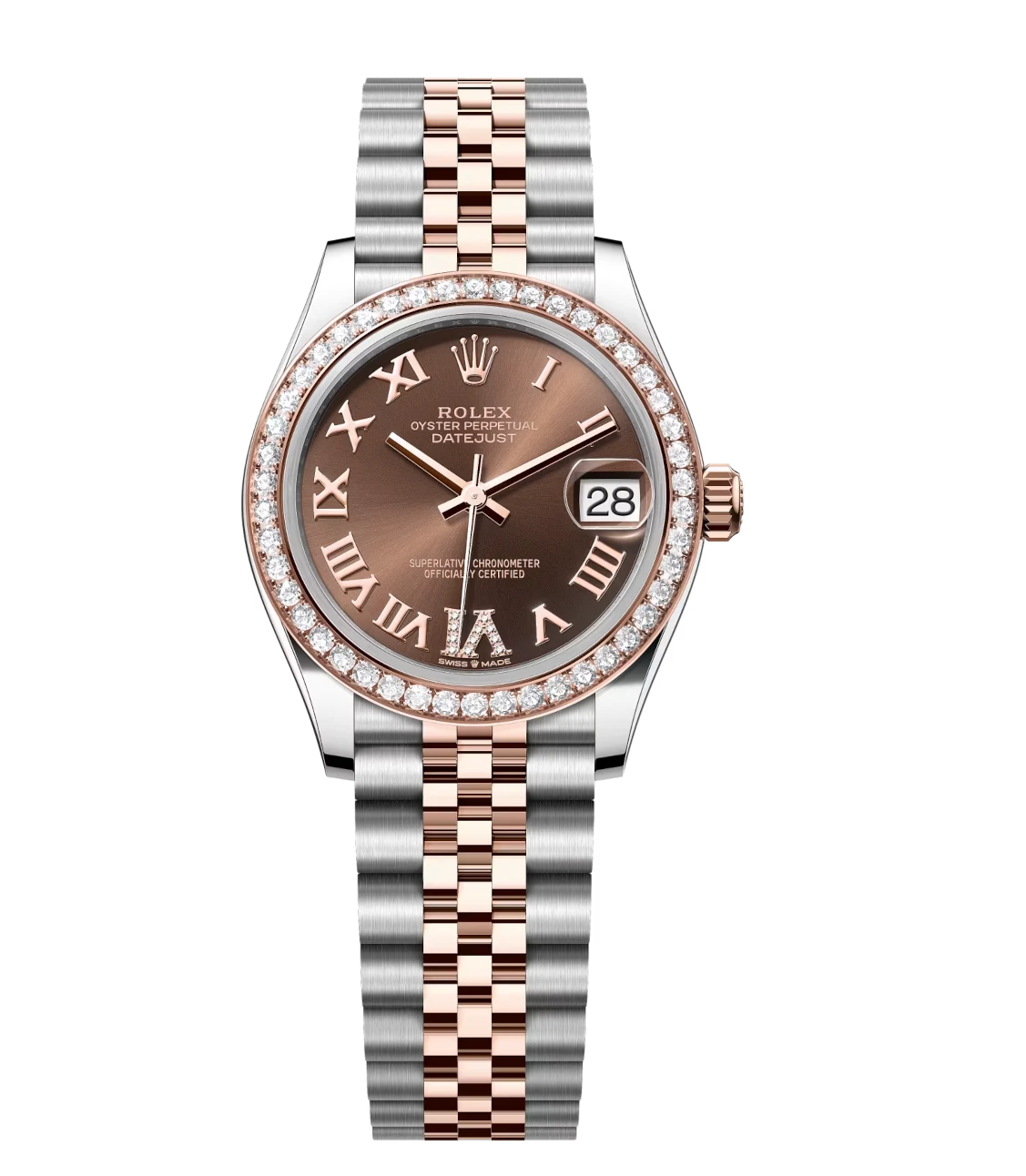Rolex Datejust 31 Oyster Perpetual Oystersteel and Everose gold chocolate, diamond-set dial Jubilee band Reference 278381RBR 1 Rolex Datejust 31 Oyster Perpetual Oystersteel and Everose gold chocolate, diamond-set dial Jubilee band Reference 278381RBR