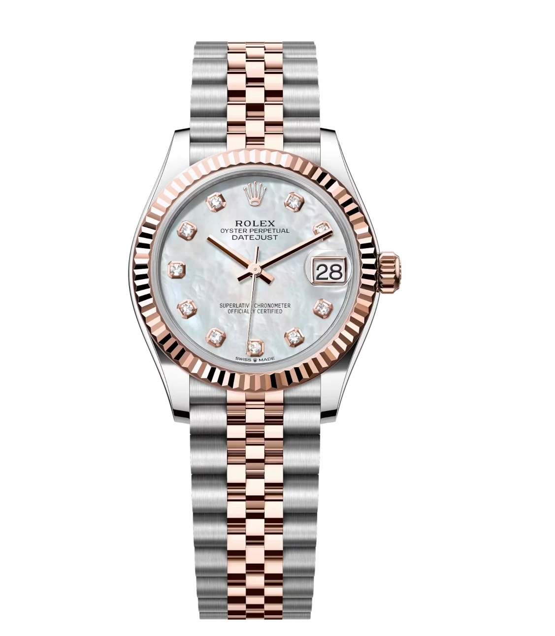 Rolex Datejust 31 Oyster Perpetual Oystersteel and Everose gold white mother-of-pearl, diamond-set dial Jubilee band Reference 278271 1 Rolex Datejust 31 Oyster Perpetual Oystersteel and Everose gold white mother-of-pearl, diamond-set dial Jubilee band Reference 278271
