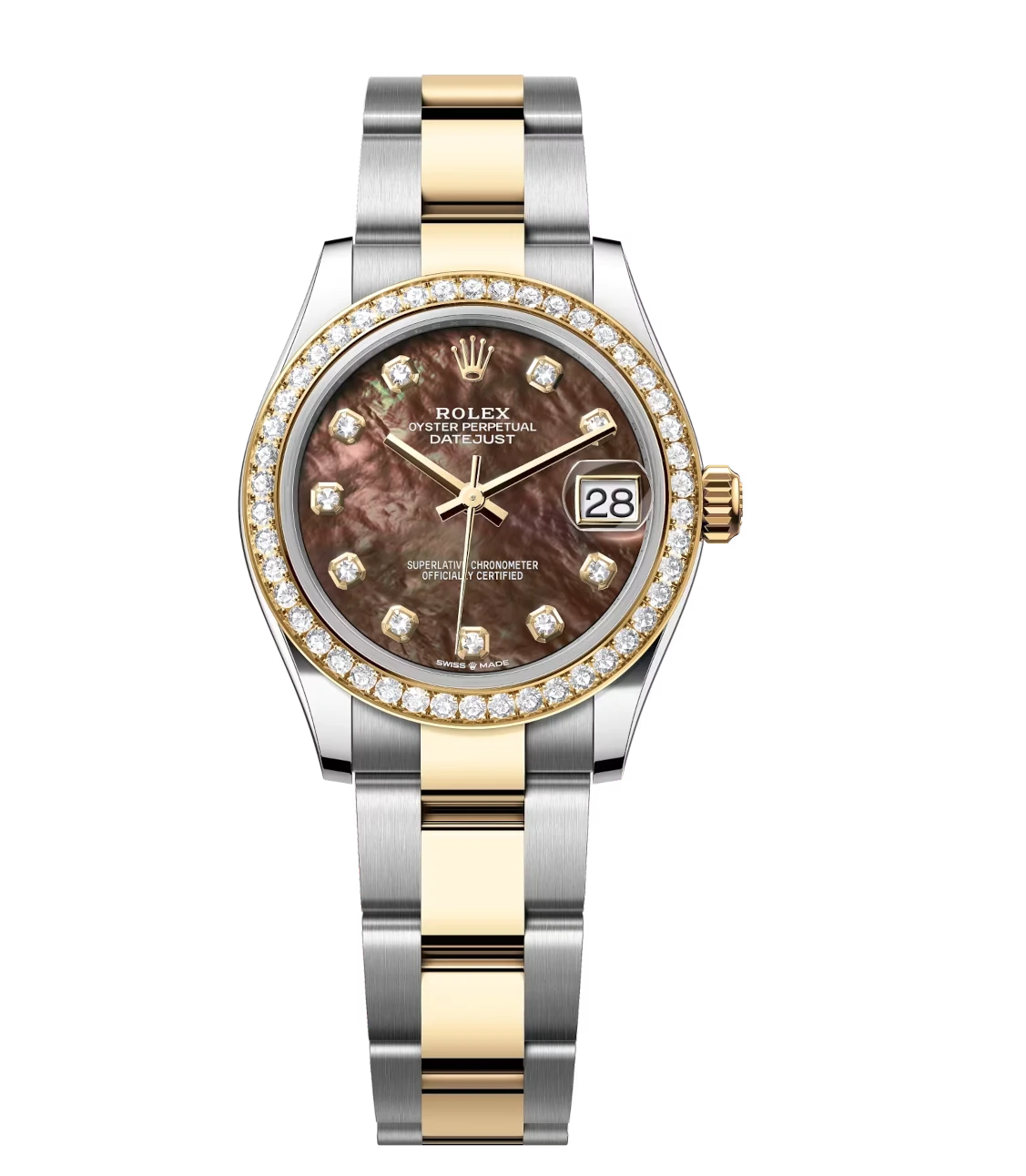 Rolex Datejust 31 Oyster Perpetual Oystersteel and yellow gold black mother-of-pearl, diamond-set dial Oyster band Reference 278383RBR 1 Rolex Datejust 31 Oyster Perpetual Oystersteel and yellow gold black mother-of-pearl, diamond-set dial Oyster band Reference 278383RBR