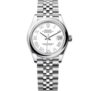 This Oyster Perpetual Datejust 31 in Oystersteel features a white dial and a Jubilee bracelet.
