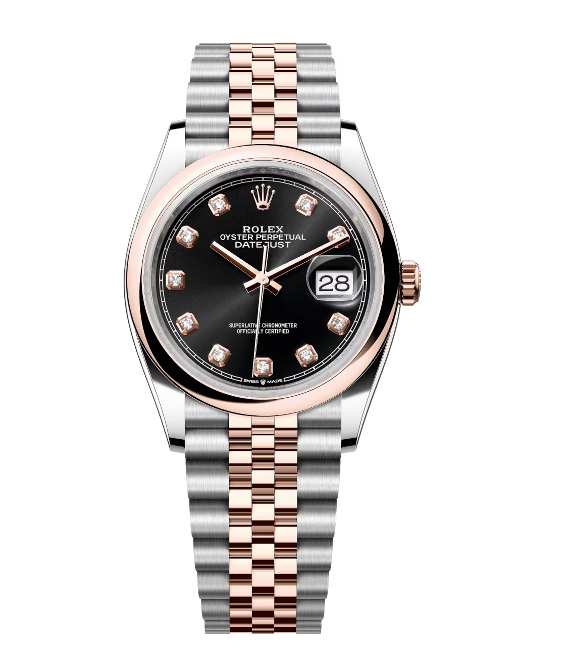 Rolex Datejust 36 Oyster Perpetual Oystersteel and Everose gold bright black, diamond-set dial Jubilee band Reference 126201 1 Rolex Datejust 36 Oyster Perpetual Oystersteel and Everose gold bright black, diamond-set dial Jubilee band Reference 126201
