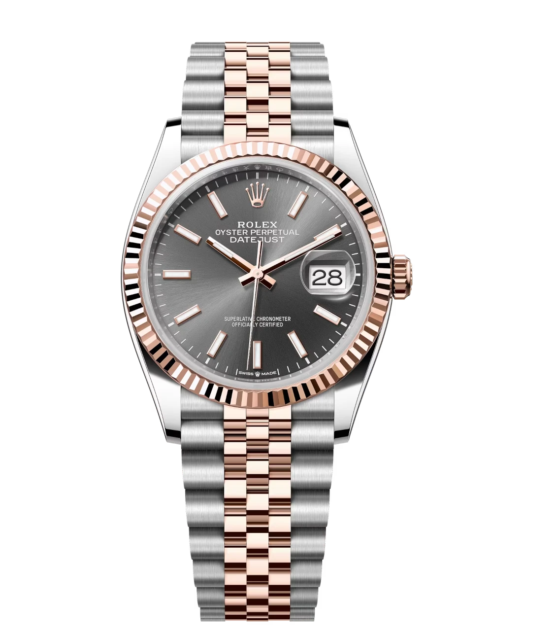 Rolex Datejust 31 Oyster Perpetual Oystersteel and Everose gold slate dial Jubilee band Reference 278271 1 This Oyster Perpetual Datejust 31, 36 in Oystersteel and Everose gold features a slate dial and a Jubilee band.