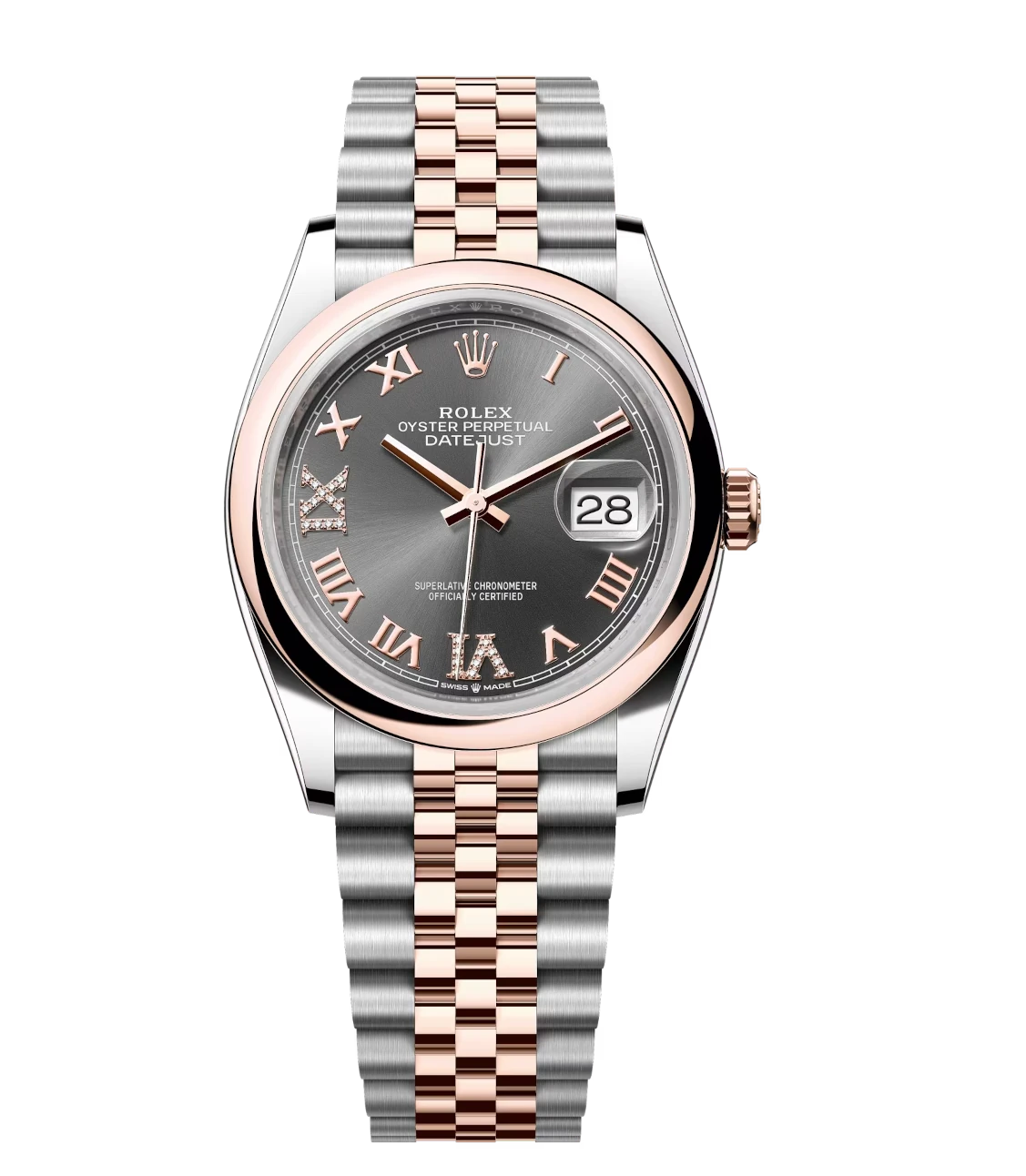 Rolex Datejust 36 Oyster Perpetual Oystersteel and Everose gold slate, diamond-set dial Jubilee band Reference 126201 1 Rolex Datejust 36 Oyster Perpetual Oystersteel and Everose gold slate, diamond-set dial Jubilee band Reference 126201
