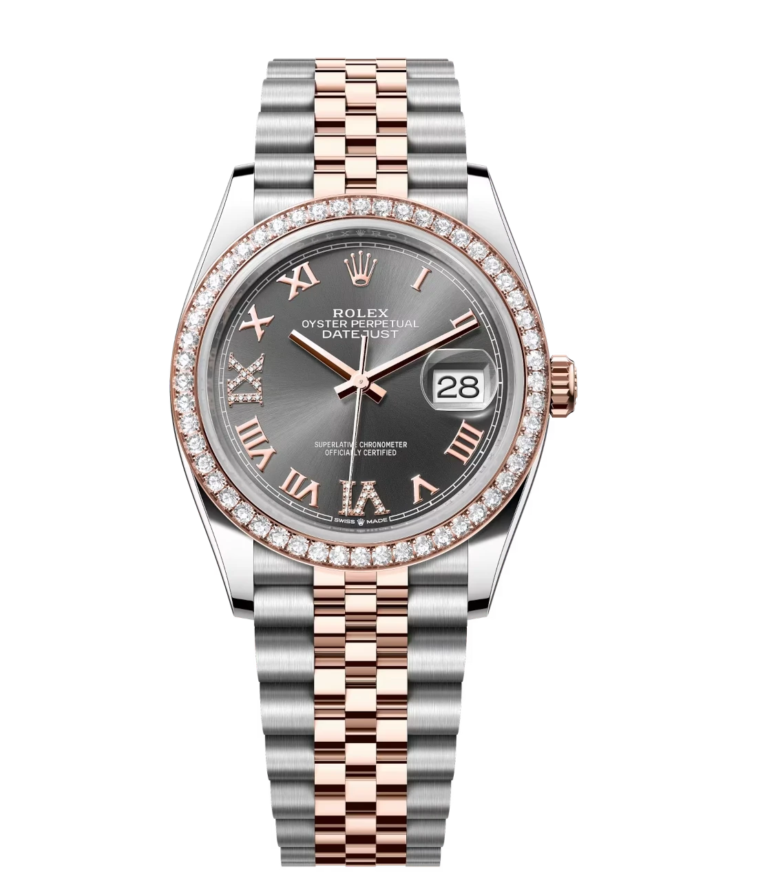 Rolex Datejust 36 Oyster Perpetual Oystersteel and Everose gold slate, diamond-set dial Jubilee band Reference 126281RBR 1 Rolex Datejust 36 Oyster Perpetual Oystersteel and Everose gold slate, diamond-set dial Jubilee band Reference 126281RBR