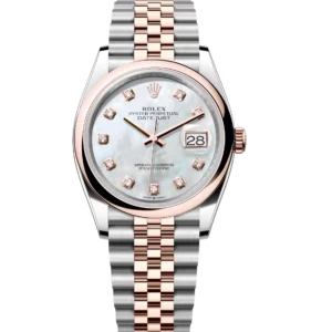 Rolex Datejust 36 Oyster Perpetual Oystersteel and Everose gold white mother-of-pearl, diamond-set dial Jubilee band Reference 126201