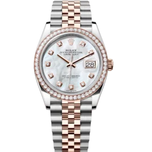Rolex Datejust 36 Oyster Perpetual Oystersteel and Everose gold white mother-of-pearl, diamond-set dial Jubilee band Reference 126281RBR