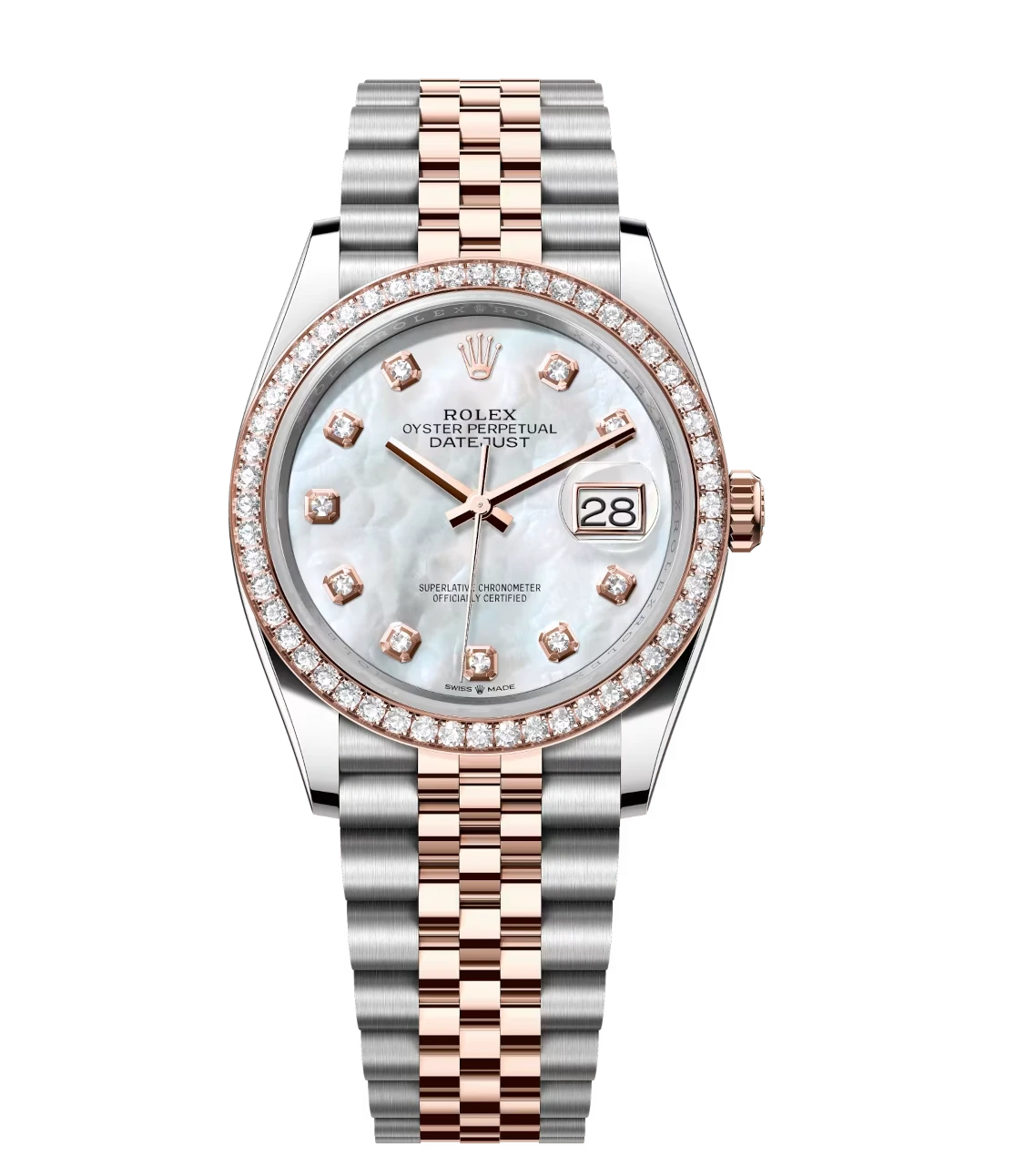 Rolex Lady-Datejust 28 Oyster Perpetual Oystersteel and Everose gold white mother-of-pearl, diamond-set dial Jubilee band Reference 279381RBR 1 Rolex Lady-Datejust 28 Oyster Perpetual Oystersteel and Everose gold white mother-of-pearl, diamond-set dial Jubilee band Reference 279381RBR
