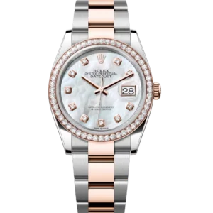 Rolex Datejust 36 Oyster Perpetual Oystersteel and Everose gold white mother-of-pearl, diamond-set dial Oyster band 126281RBR