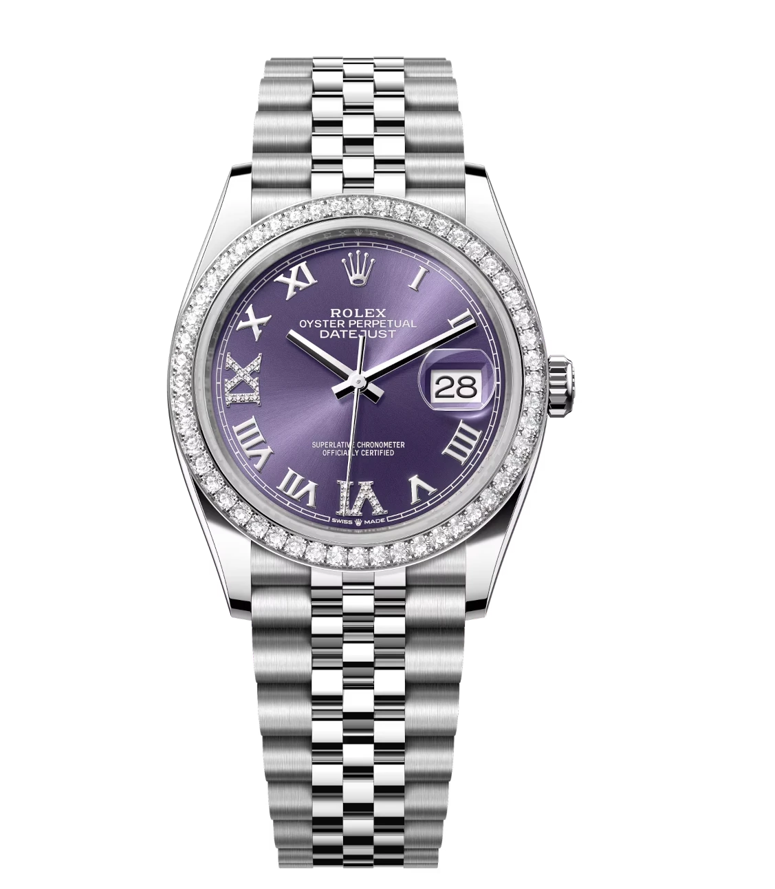 Rolex Datejust 36 Oyster Perpetual Oystersteel and white gold aubergine, diamond-set dial Jubilee band Reference 126284RBR 1 Rolex Datejust 36 Oyster Perpetual Oystersteel and white gold aubergine, diamond-set dial Jubilee band Reference 126284RBR