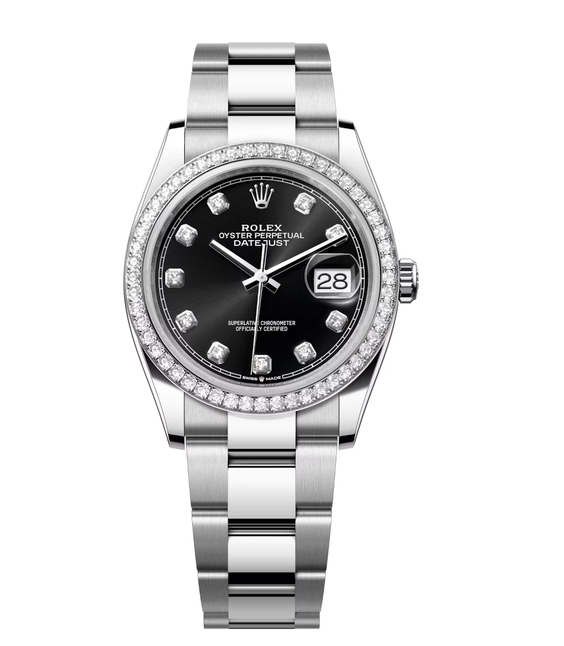 Rolex Datejust 36 Oyster Perpetual Oystersteel and white gold bright black, diamond-set dial Oyster band Reference 126284RBR 1 Rolex Datejust 36 Oyster Perpetual Oystersteel and white gold bright black, diamond-set dial Oyster band Reference 126284RBR