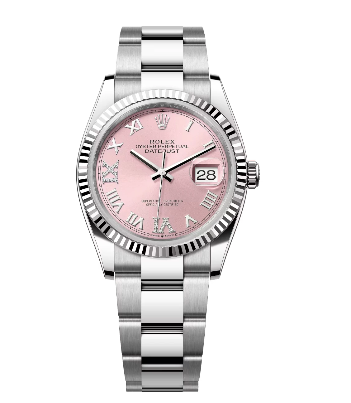 Rolex Datejust 36 Oyster Perpetual Oystersteel and white gold pink, diamond-set dial Oyster band Reference 126234 1 Rolex Datejust 36 Oyster Perpetual Oystersteel and white gold pink, diamond-set dial Oyster band Reference 126234