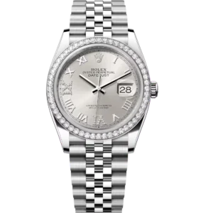 Rolex Datejust 36 Oyster Perpetual Oystersteel and white gold silver, diamond-set dial Jubilee band Reference 126284RBR