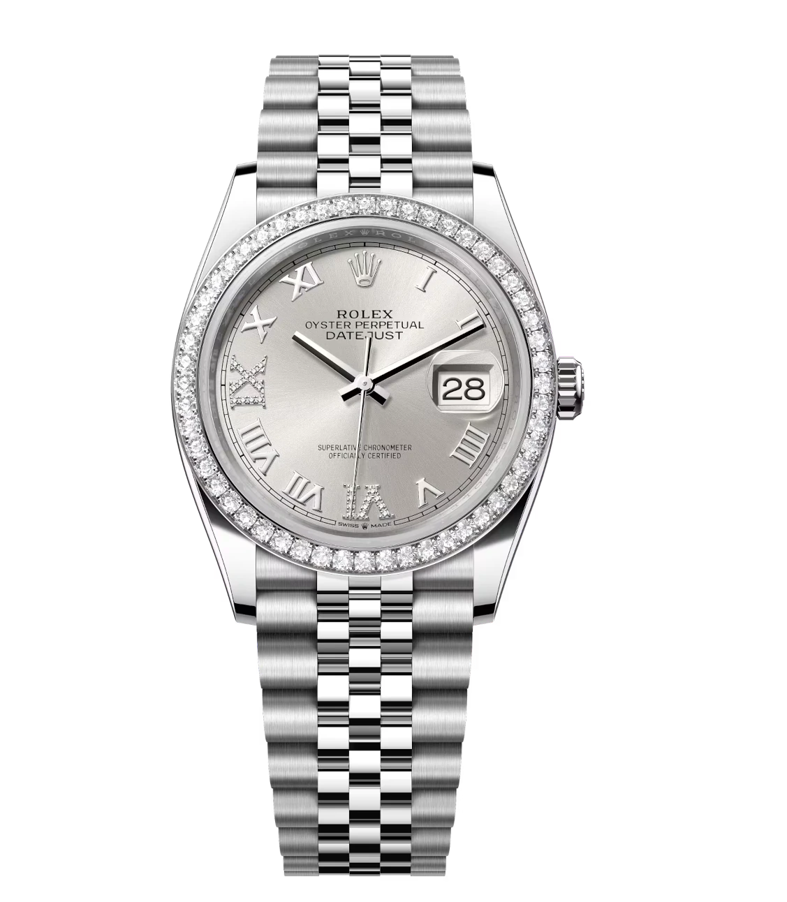 Rolex Datejust 36 Oyster Perpetual Oystersteel and white gold silver, diamond-set dial Jubilee band Reference 126284RBR 1 Rolex Datejust 36 Oyster Perpetual Oystersteel and white gold silver, diamond-set dial Jubilee band Reference 126284RBR