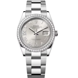 Rolex Datejust 36 Oyster Perpetual Oystersteel and white gold silver, diamond-set dial Oyster band Reference 126284RBR