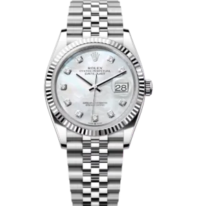 This Oyster Perpetual Datejust 31,36 in Oystersteel and white gold features a white mother-of-pearl, diamond-set dial and a Jubilee band.