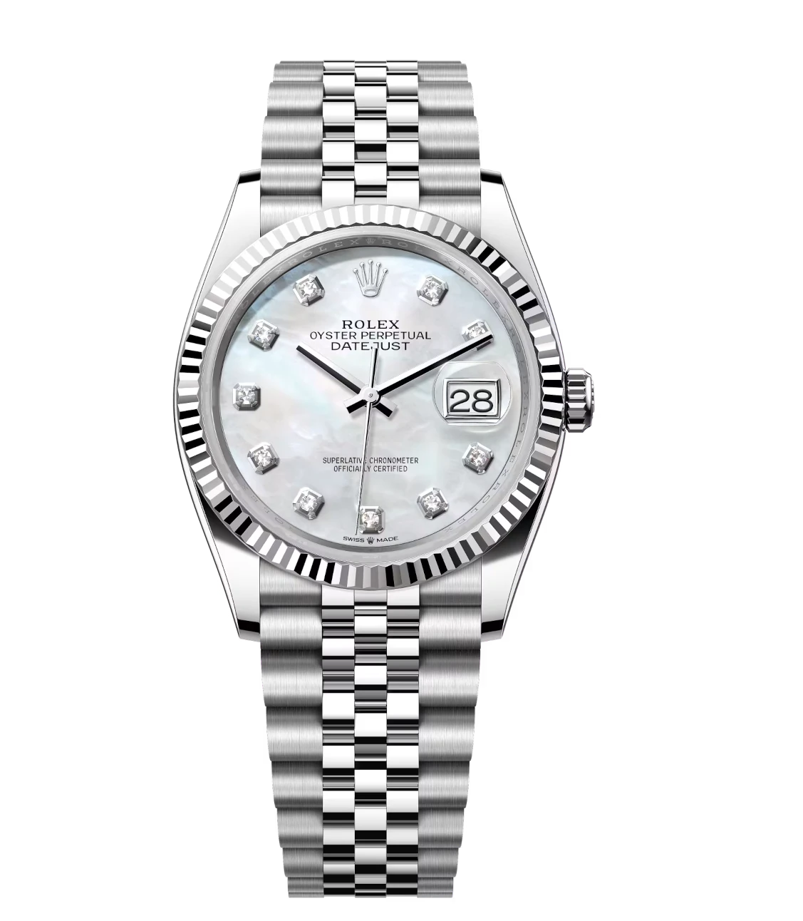 Rolex Lady-Datejust 28 Oyster Perpetual Oystersteel and white gold white mother-of-pearl, diamond-set dial Jubilee band Reference 279174 1 This Oyster Perpetual Datejust 31,36 in Oystersteel and white gold features a white mother-of-pearl, diamond-set dial and a Jubilee band.