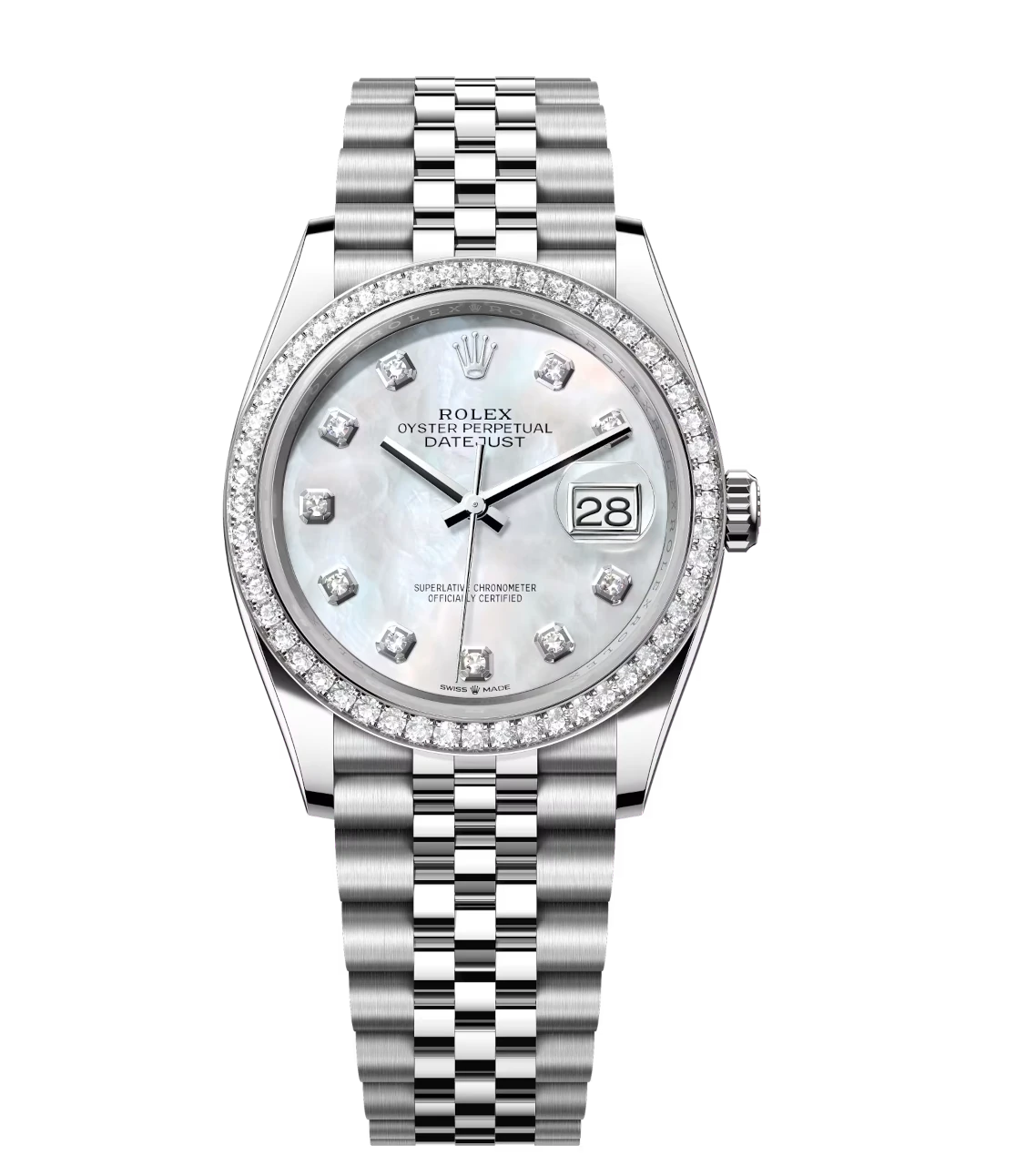 Rolex Datejust 31 Oyster Perpetual Oystersteel and white gold white mother-of-pearl, diamond-set dial Jubilee band Reference 278384RBR 1 This Oyster Perpetual Datejust 31, 36 in Oystersteel and white gold features a white mother-of-pearl, diamond-set dial and a Jubilee band.