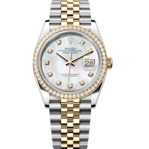 Rolex Datejust 36 Oyster Perpetual Oystersteel and yellow gold bright white mother-of-pearl, diamond-set Jubilee band Reference 126283RBR