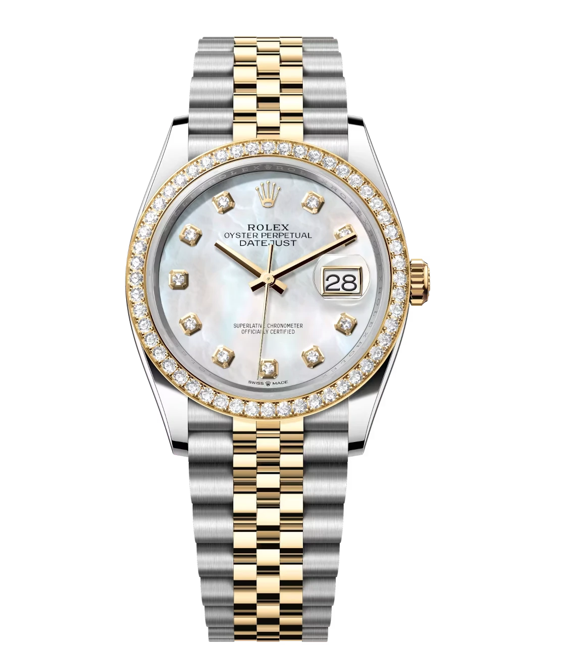 Rolex Datejust 36 Oyster Perpetual Oystersteel and yellow gold bright white mother-of-pearl, diamond-set Jubilee band Reference 126283RBR 1 Rolex Datejust 36 Oyster Perpetual Oystersteel and yellow gold bright white mother-of-pearl, diamond-set Jubilee band Reference 126283RBR