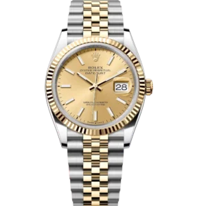 This Oyster Perpetual Datejust 31, 36 in Oystersteel and yellow gold features a champagne-colour dial and a Jubilee band.
