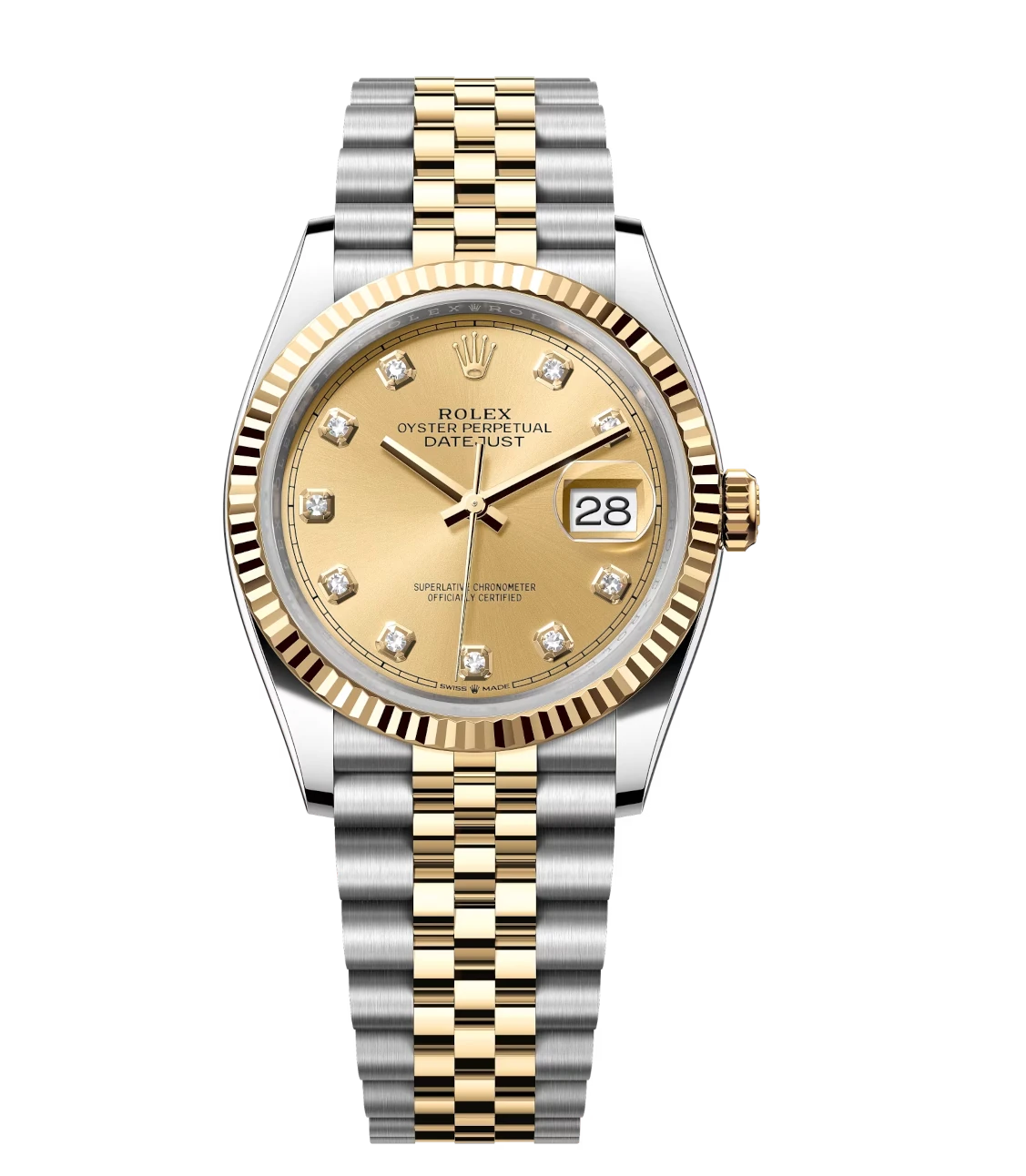 Rolex Datejust 36 Oyster Perpetual Oystersteel and yellow gold champagne colour, diamond-set dial Jubilee band Reference 126233 1 Rolex Datejust 36 Oyster Perpetual Oystersteel and yellow gold champagne colour, diamond-set dial Jubilee band Reference 126233
