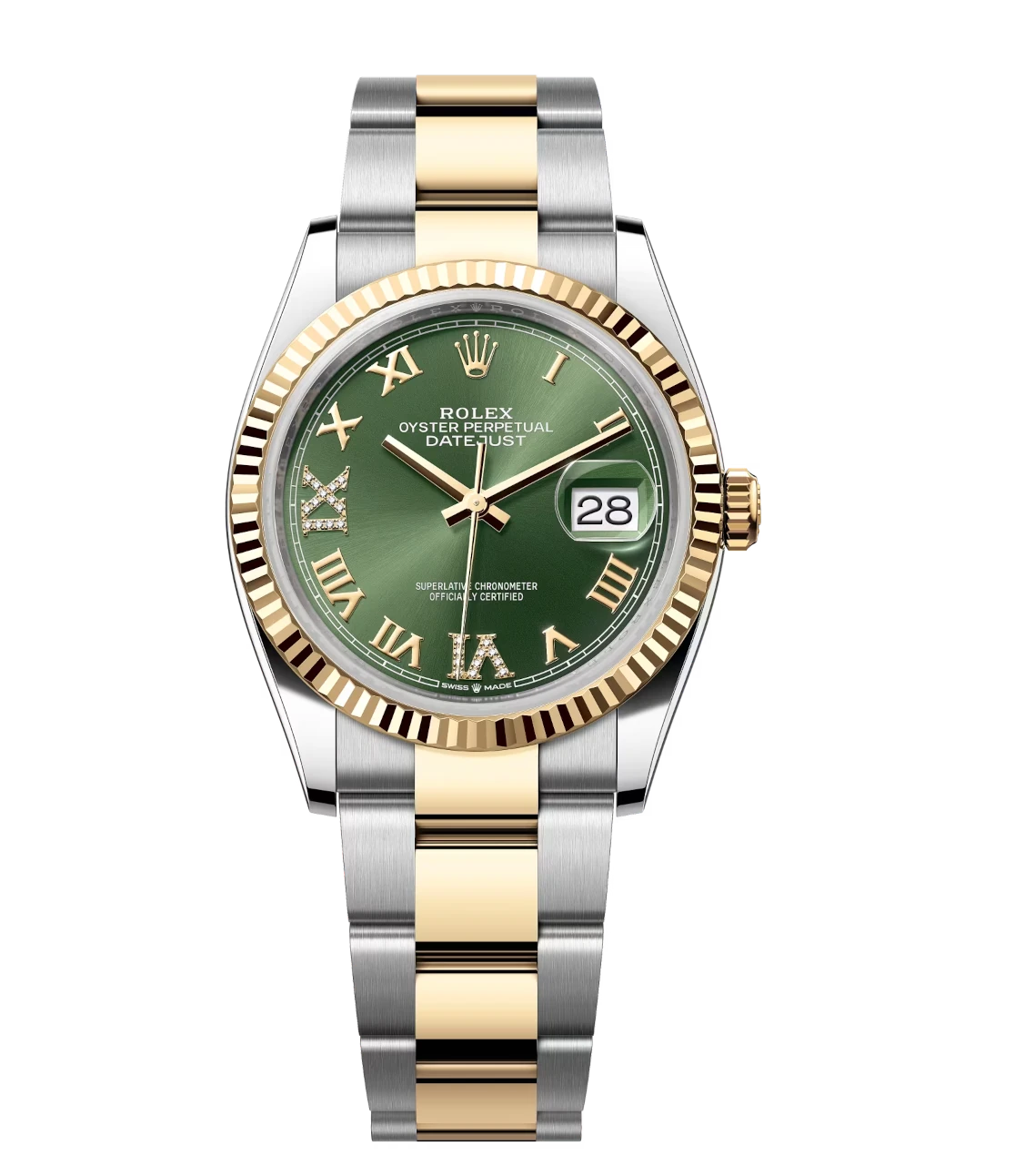 Rolex Datejust 36 Oyster Perpetual Oystersteel and yellow gold olive-green, diamond-set dial Oyster band Reference 126233 1 Rolex Datejust 36 Oyster Perpetual Oystersteel and yellow gold olive-green, diamond-set dial Oyster band Reference 126233