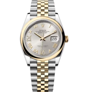 Rolex Datejust 36 Oyster Perpetual Oystersteel and yellow gold silver, diamond-set dial Jubilee band Reference 126203