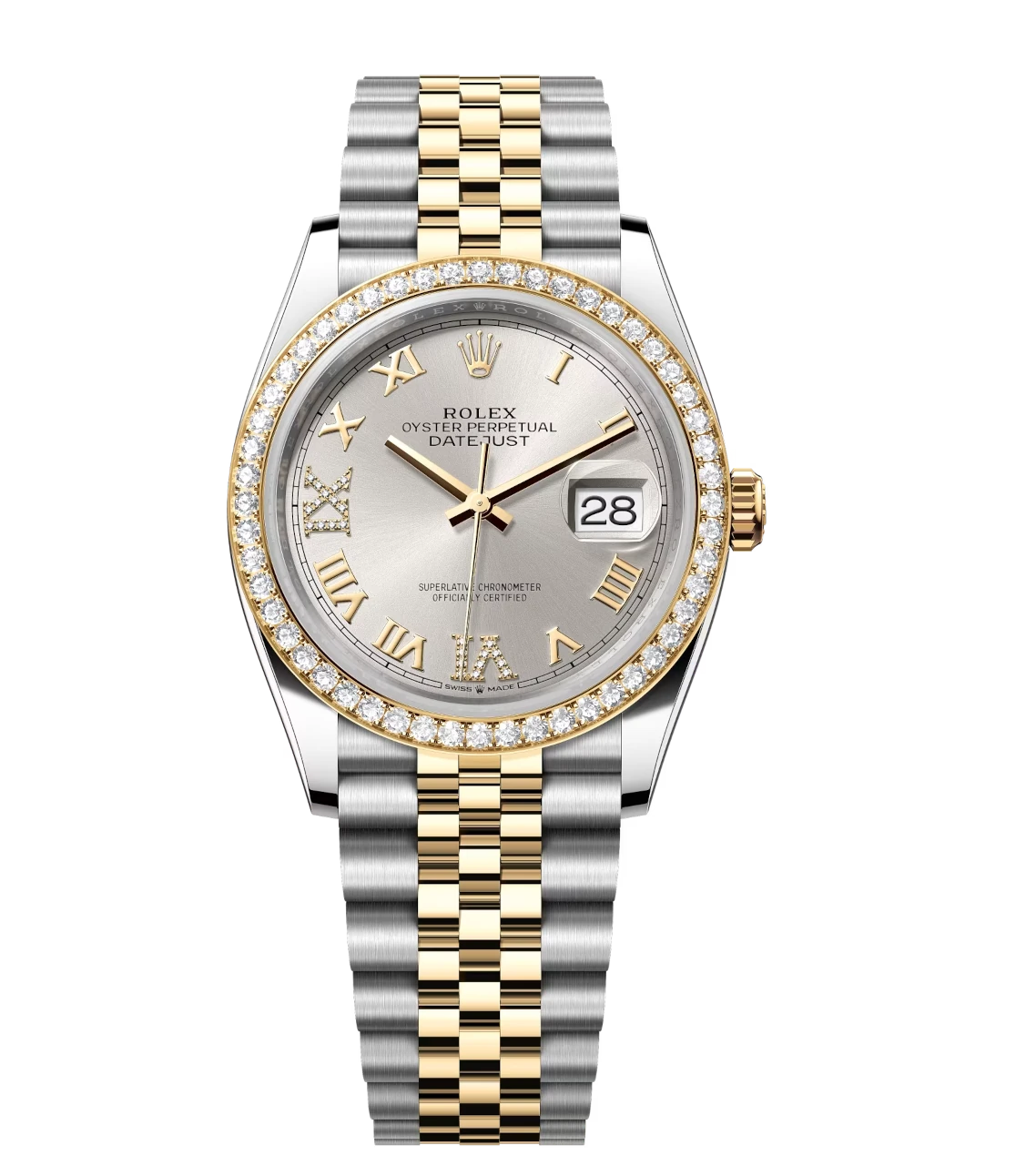 Rolex Datejust 36 Oyster Perpetual Oystersteel and yellow gold silver, diamond-set dial Jubilee band Reference 126283RBR 1 Rolex Datejust 36 Oyster Perpetual Oystersteel and yellow gold silver, diamond-set dial Jubilee band Reference 126283RBR